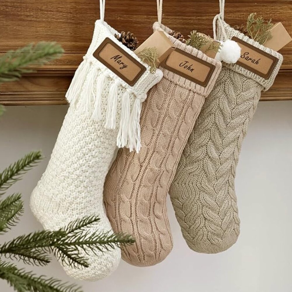 Farmhouse Personalized Knitted Christmas Stockings, 3 Packs 18 inch